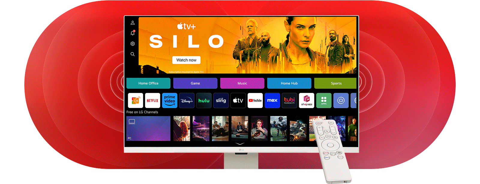 Màn hình LG 32SR83U-W hiển thị giao diện Smart TV webOS với các ứng dụng giải trí