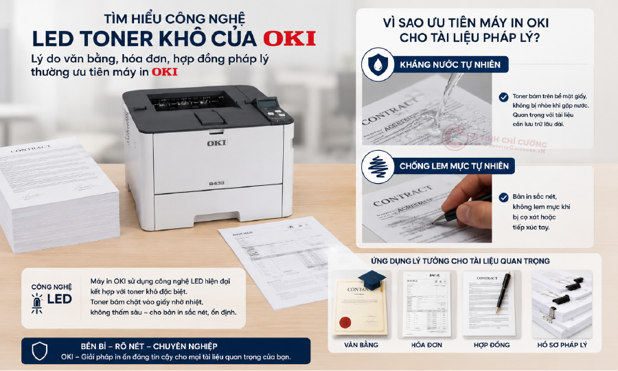 Máy in OKI B433dn công nghệ LED toner khô kháng nước chống lem mực cho văn bản quan trọng