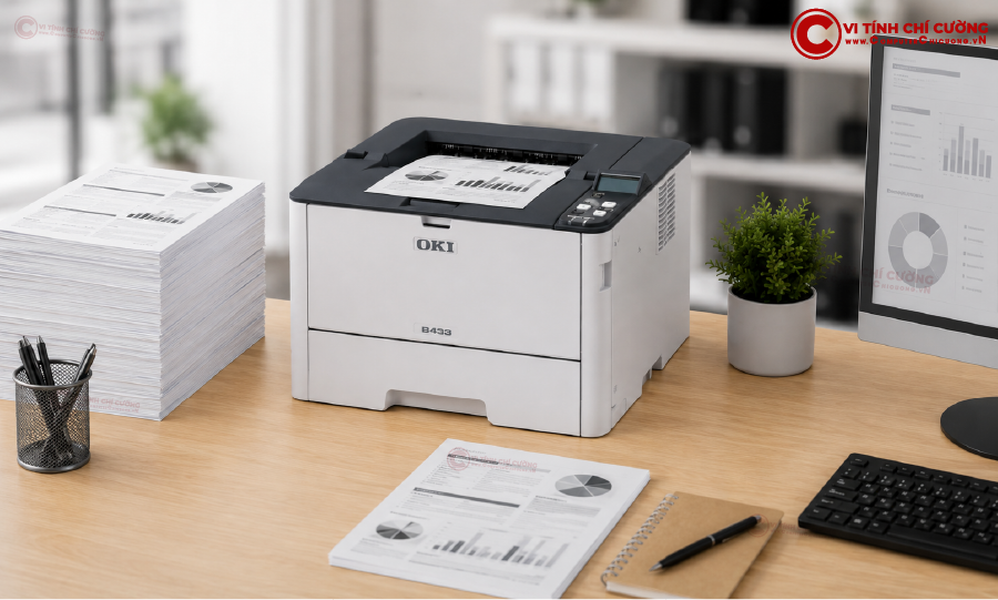 OKI B433dn in tài liệu văn phòng tốc độ cao 40ppm – thiết kế nhỏ gọn trên bàn làm việc