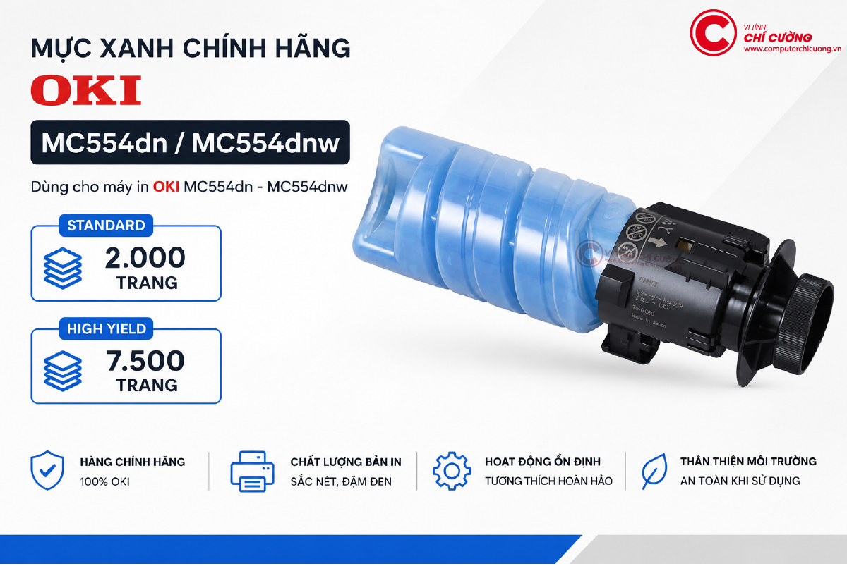 Mực xanh Cyan chính hãng OKI MC554dn MC554dnw Standard 2000 trang High Yield 7500 trang