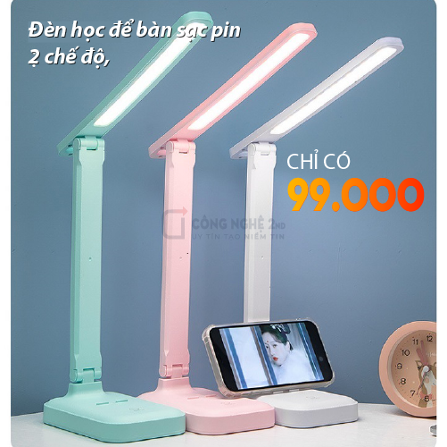 Đèn học để bàn sạc pin, 2 chế độ màu, chống cận thị mỏi mắt