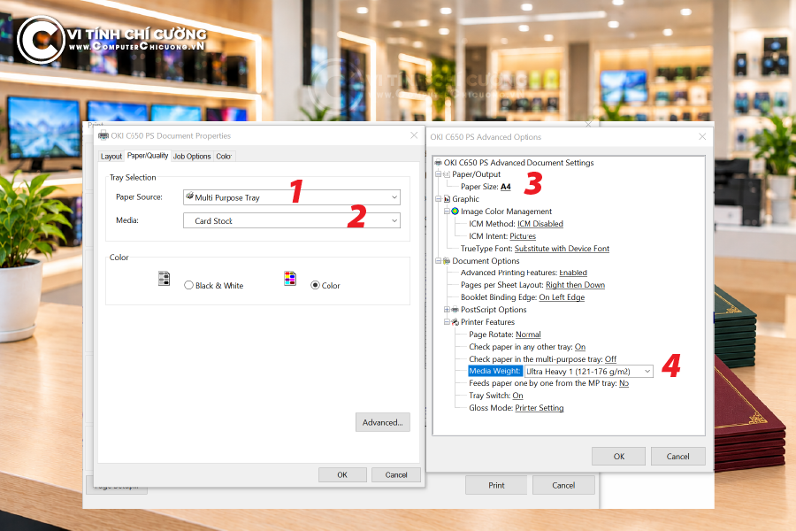 Hộp thoại cài đặt driver máy in OKI — Media Type, Media Weight, Custom Media Size
