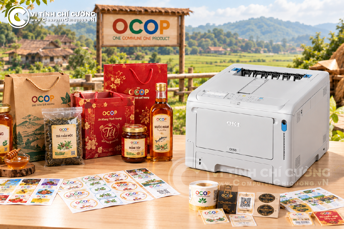 Hộp quà Tết đặc sản OCOP dán tem nhãn in riêng logo doanh nghiệp bằng máy in OKI