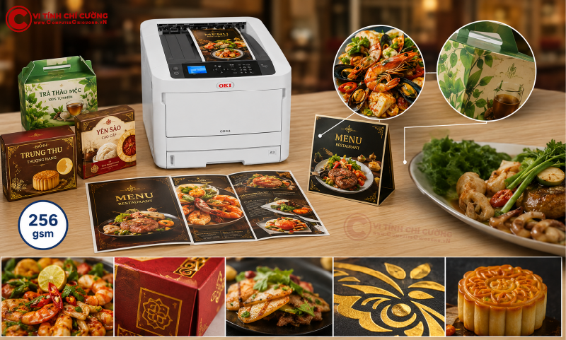 OKI C834nw in bao bì đặc sản thực phẩm menu nhà hàng màu sắc sống động trên giấy dày 256gsm