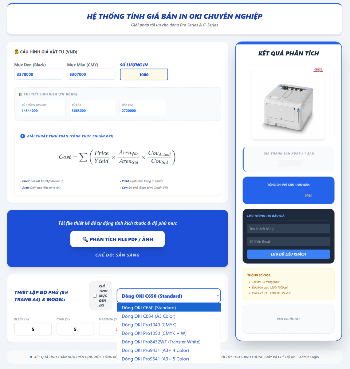 Giao diện hệ thống tính chi phí trang in OKI chuyên nghiệp tại Computer Chí Cường