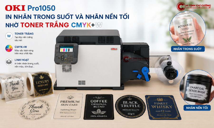 OKI Pro1050 in nhãn trong suốt và nhãn nền tối nhờ toner trắng CMYK+W – Epson ColorWorks không làm được