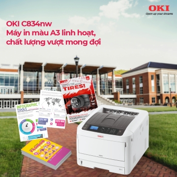 Giải pháp in ấn linh hoạt với OKI C834nw – Dòng máy in A3 chuyên nghiệp cho môi trường giáo dục, văn phòng thiết kế, và doanh nghiệp sáng tạo.